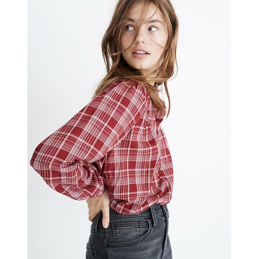 NWT Madewell Susan Plaid Balloon Sleeve Top XS Color Wine MSRP $79 Boho